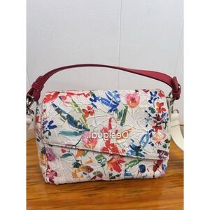 Desigual Purse Multicolored  Embroidered Floral HandBag Shoulder Bag Red Handle